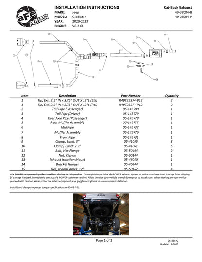 aFe Vulcan 3-3in-2-1/2in SS Cat-Back w/ Black Tips | Jeep Gladiator V6-3.6L (49-38084-B)