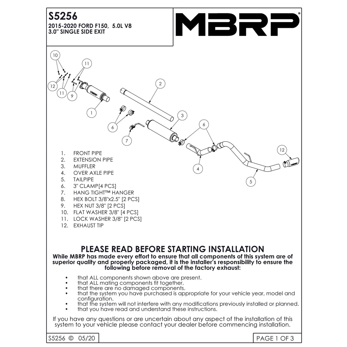 MBRP 3in Cat-Back Single Side Exit T409 Exhaust System | Ford F-150 5.0L (15) (S5256409)