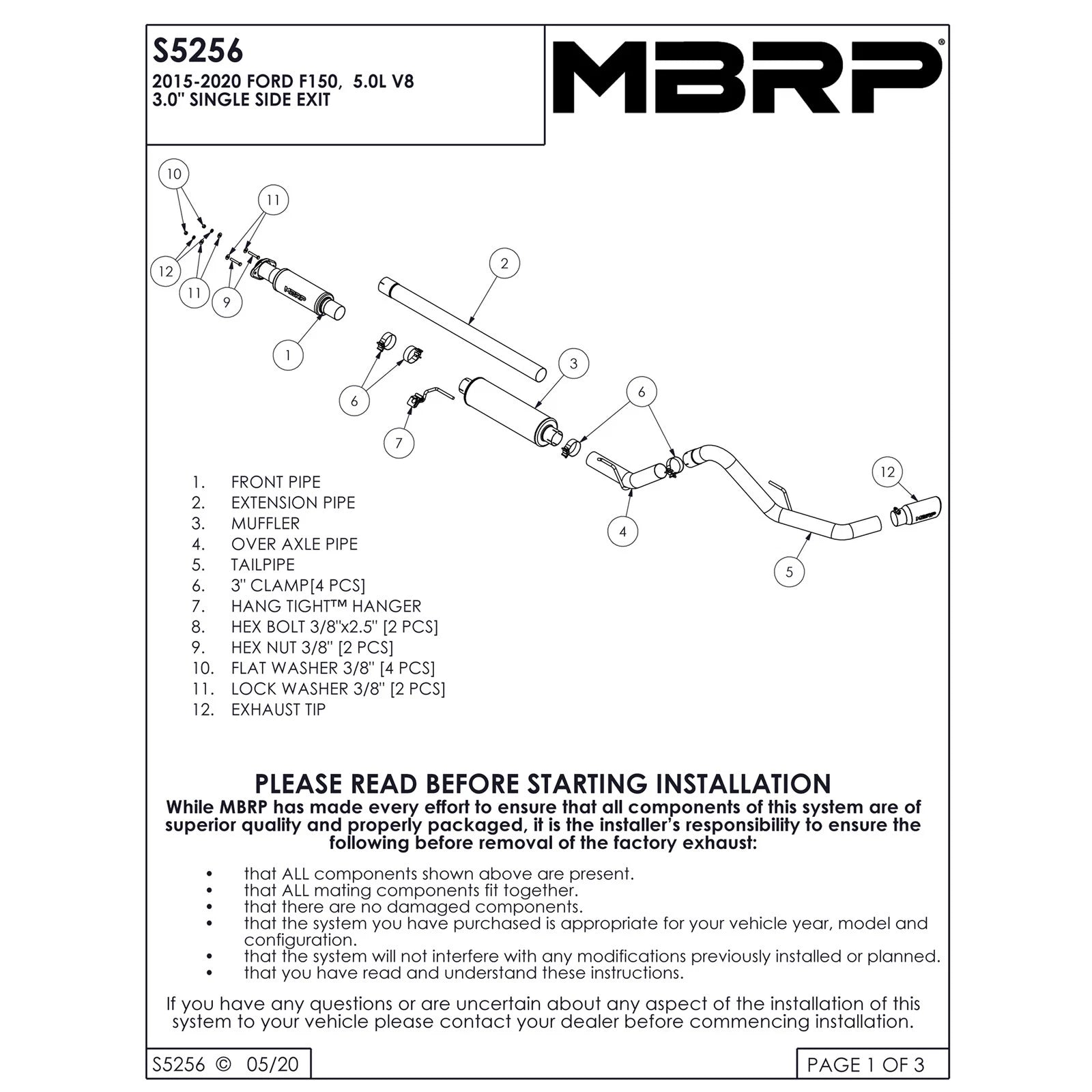 MBRP 3in Cat-Back Single Side Exit T409 Exhaust System | Ford F-150 5.0L (15) (S5256409)