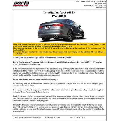 Borla Cat-Back Exhaust System - S-Type | 2015-2020 Audi S3 2.0L (140631)