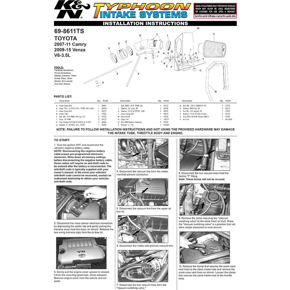 K&N 07-10 Toyota Camry V6 3.5L Silver Typhoon Short Ram Intake | Toyota Camry V6 (07-10) (69-8611TS)