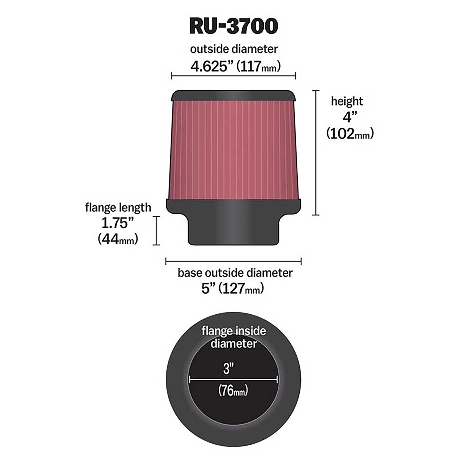 K&N RU-3700 Universal Round Tapered Performance Washable Air Filter for Intake