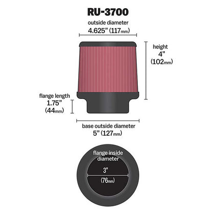K&N RU-3700 Universal Round Tapered Performance Washable Air Filter for Intake