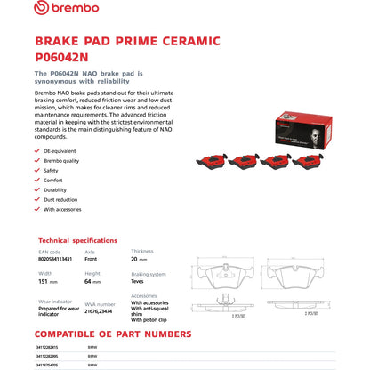 Brembo 05-06 BMW M3 / Z4 Front Premium NAO Ceramic OE Equivalent Pad | BMW Z3/Z4 (95-08) (P06042N)