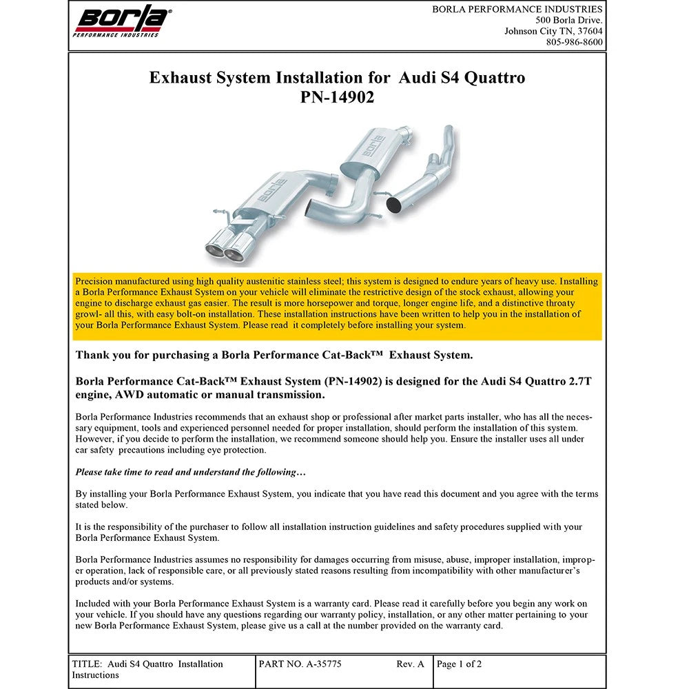 Borla Cat-Back Exhaust System - S-Type | 2000-2002 Audi S4 2.7L (14902)