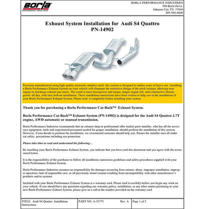 Borla Cat-Back Exhaust System - S-Type | 2000-2002 Audi S4 2.7L (14902)
