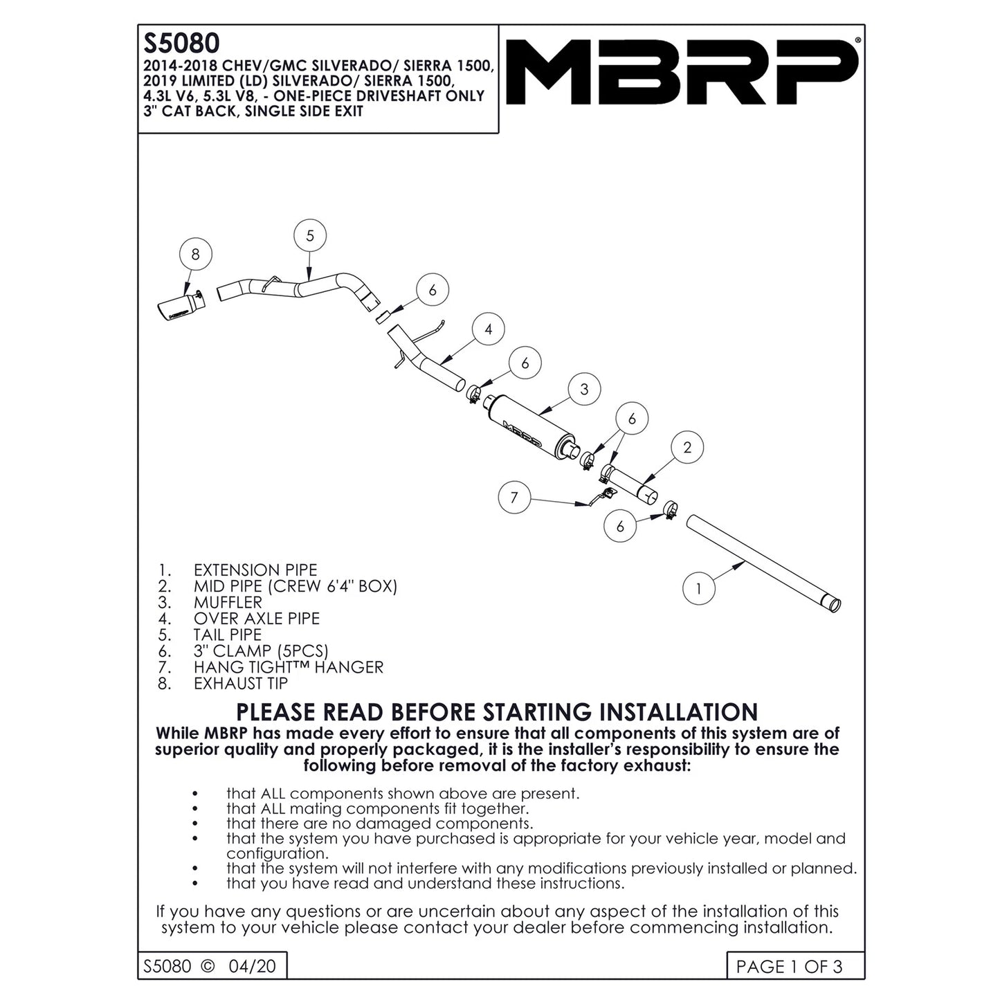 MBRP 3in T409 Cat-Back Single Side Exit Exhaust | Silverado/Sierra 1500 4.3/5.3L (14) (S5080409)