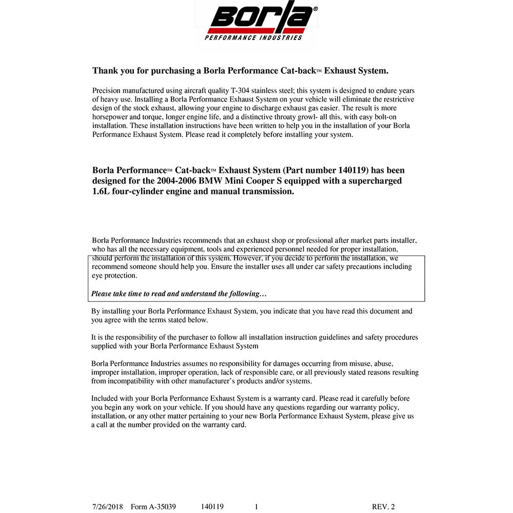 Borla Cat-Back Exhaust System - S-Type | 2004-2013 Mini Cooper S 1.6L (140119)