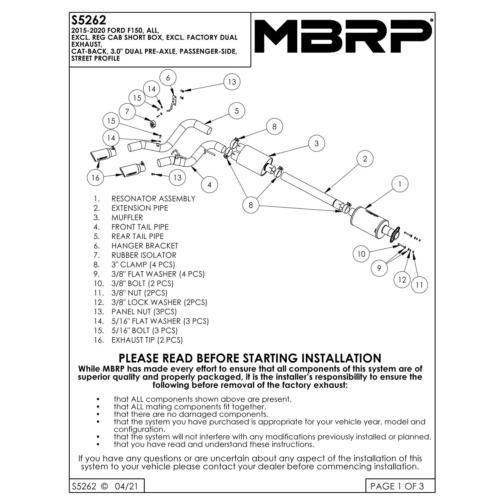 MBRP 3in Cat-Back Pre-Axle Dual Outlet Exhaust w/ 4in OD Tips | Ford F150 (15-20) (S5262AL)