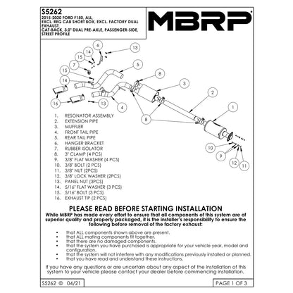 MBRP 3in Cat-Back Pre-Axle Dual Outlet Exhaust w/ 4in OD Tips | Ford F150 (15-20) (S5262AL)