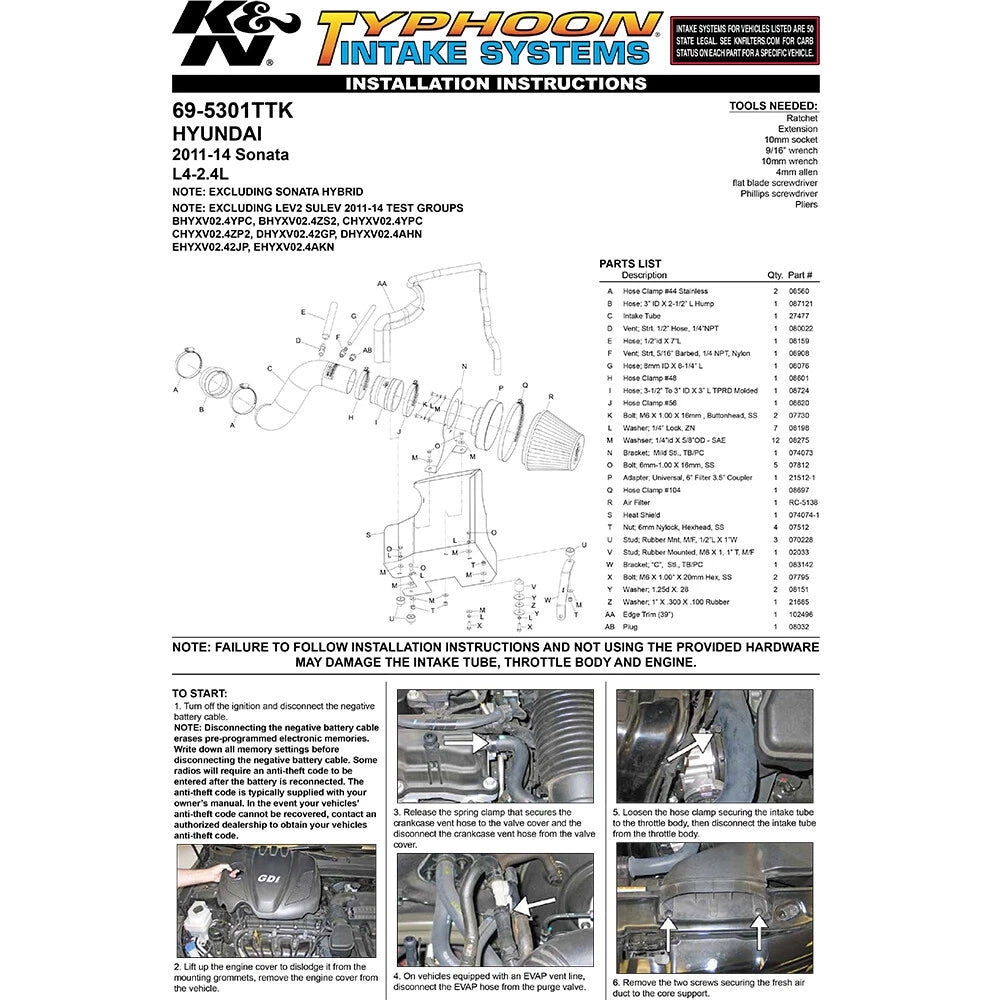 K&N Typhoon Short Ram Intake | Hyundai Sonata / Kia Optima (11-15) (69-5301TTK)