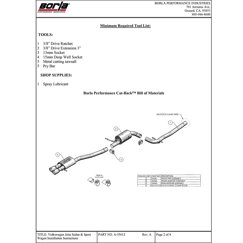 Borla Cat-Back Exhaust System - S-Type | 2006-2010 Volkswagen Jetta 2.5L (140397)