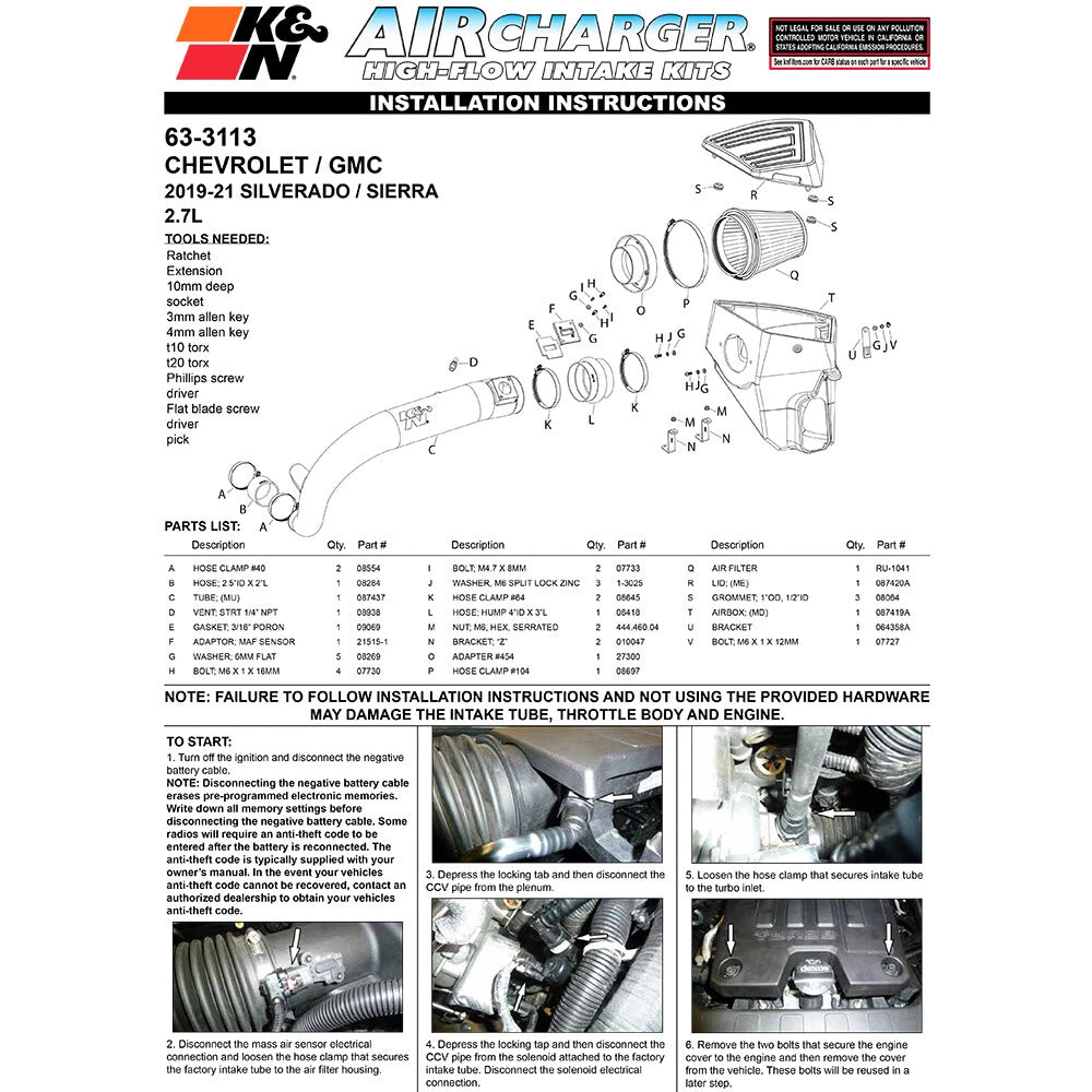 K&N 19-20 Chevrolet 1500 2.7L L4 F/I AirCharger Performance Intake System | Chevrolet 1500 (19-20) (63-3113)