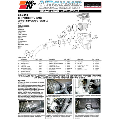 K&N 19-20 Chevrolet 1500 2.7L L4 F/I AirCharger Performance Intake System | Chevrolet 1500 (19-20) (63-3113)
