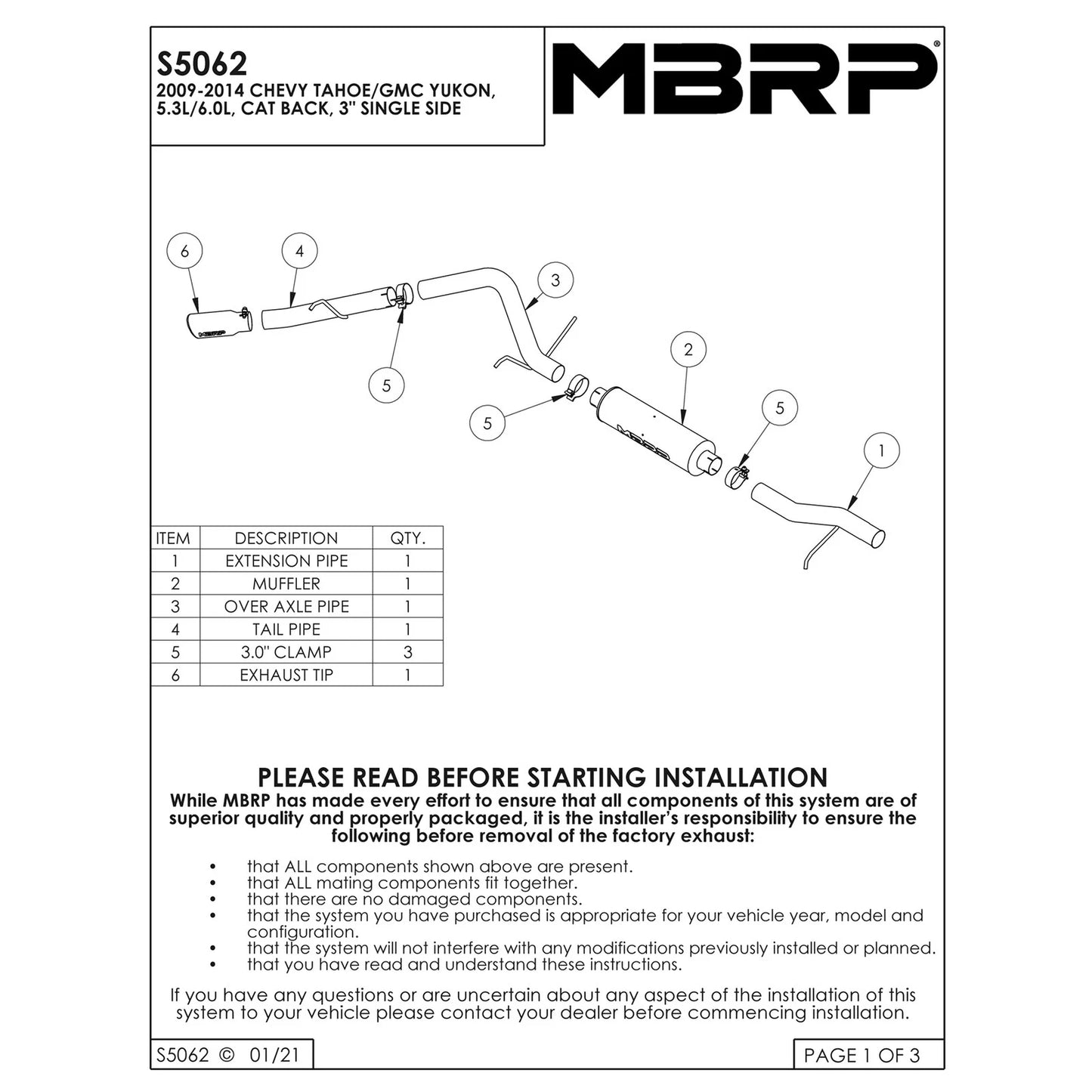 MBRP 3in. Aluminum D&S Cat-Back Single Side Exit Exhaust | Chevy/GMC Tahoe/Yukon 09-14 (S5062AL)