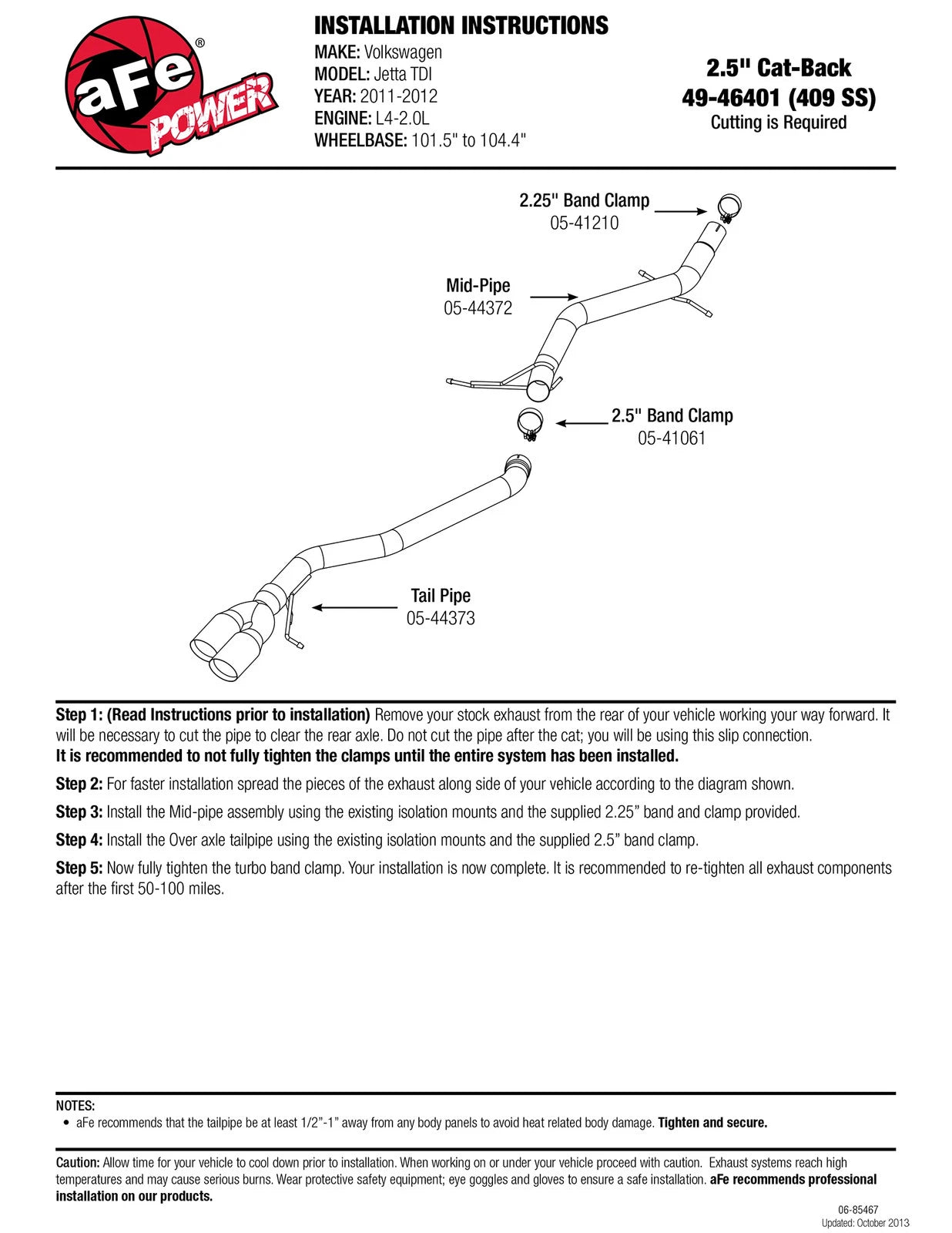 aFe Large Bore-HD 2-1/2in SS Cat-Back Exhaust | VW Jetta TDI (11-12) (49-46401)
