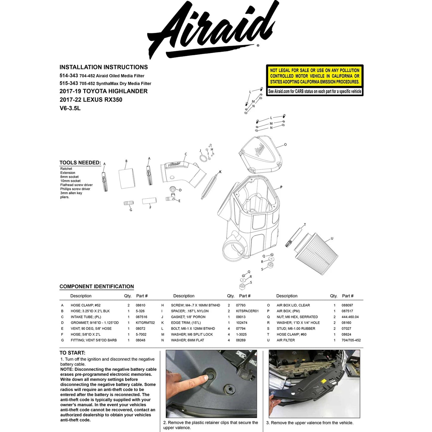 Airaid 17-19 Toyota Highlander V6 3.5L F/I Performance Air Intake Kit | Toyota Highlander (17-19)