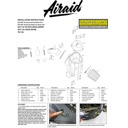 Airaid 17-19 Toyota Highlander V6 3.5L F/I Performance Air Intake Kit | Toyota Highlander (17-19)