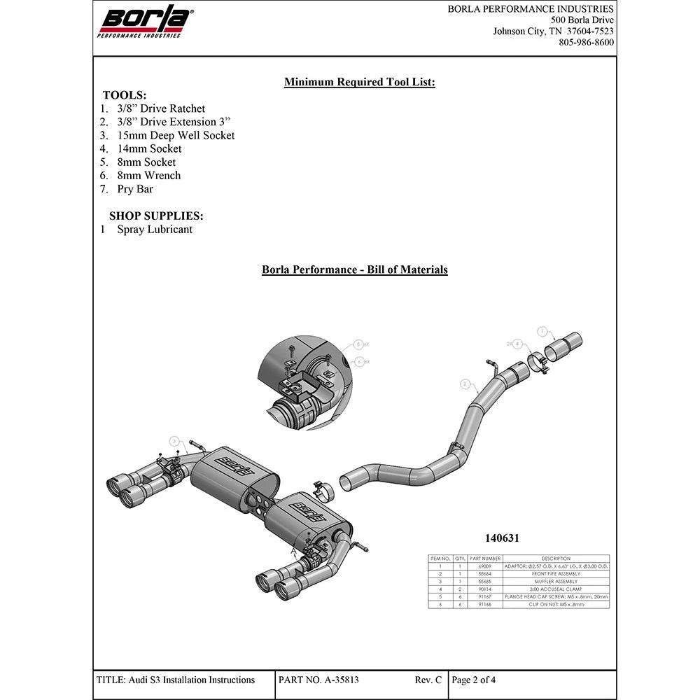 Borla Cat-Back Exhaust System - S-Type | 2015-2020 Audi S3 2.0L (140631)