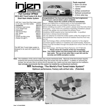 Injen 13-20 Ford Fusion 2.5L 4-Cylinder Short Ram Intake with MR Tech & Heat Shield | Ford Fusion (07-21) (SP9062BLK)