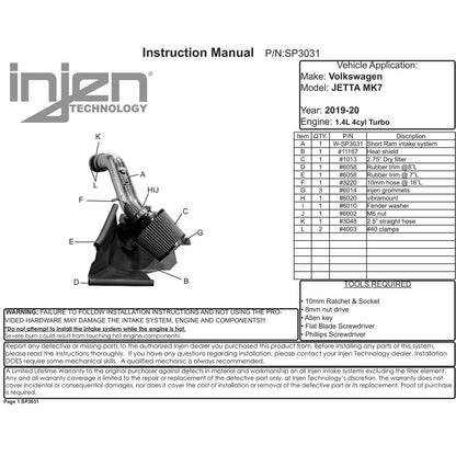 Injen 19-20 Volkswagen Jetta / Audi A3 Sportback e-tron Polished SP Short Ram Intake System | 2010-2019 VW Jetta / 2012-2020 Audi A3 (SP3031P)