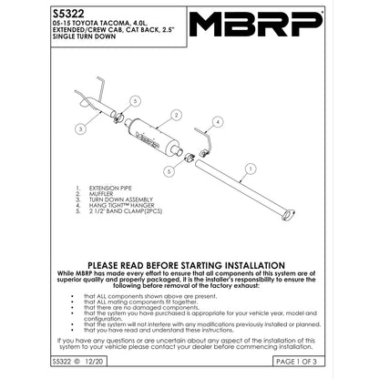 MBRP 2.5in. Single Side Turn Down Alum Cat-Back Exhaust | Toyota Tacoma 4.0L (05-11) (S5322AL)