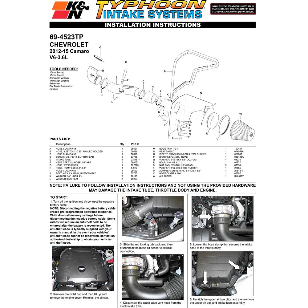 K&N Typhoon Performance Intake | 2012 Chevrolet Camaro 3.6L V6 (69-4523TP)