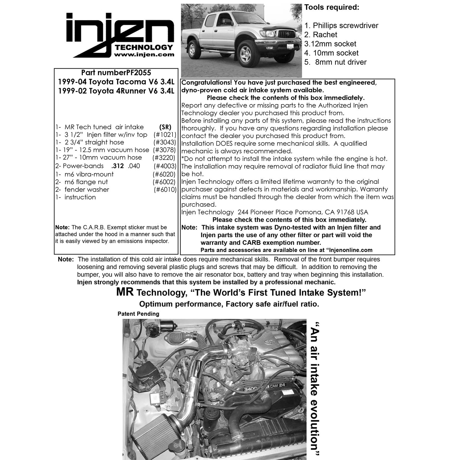 Injen Polished Power-Flow Air Intake System | Toyota 4Runner/Tacoma 3.4L V6 (99-04) (PF2055P)