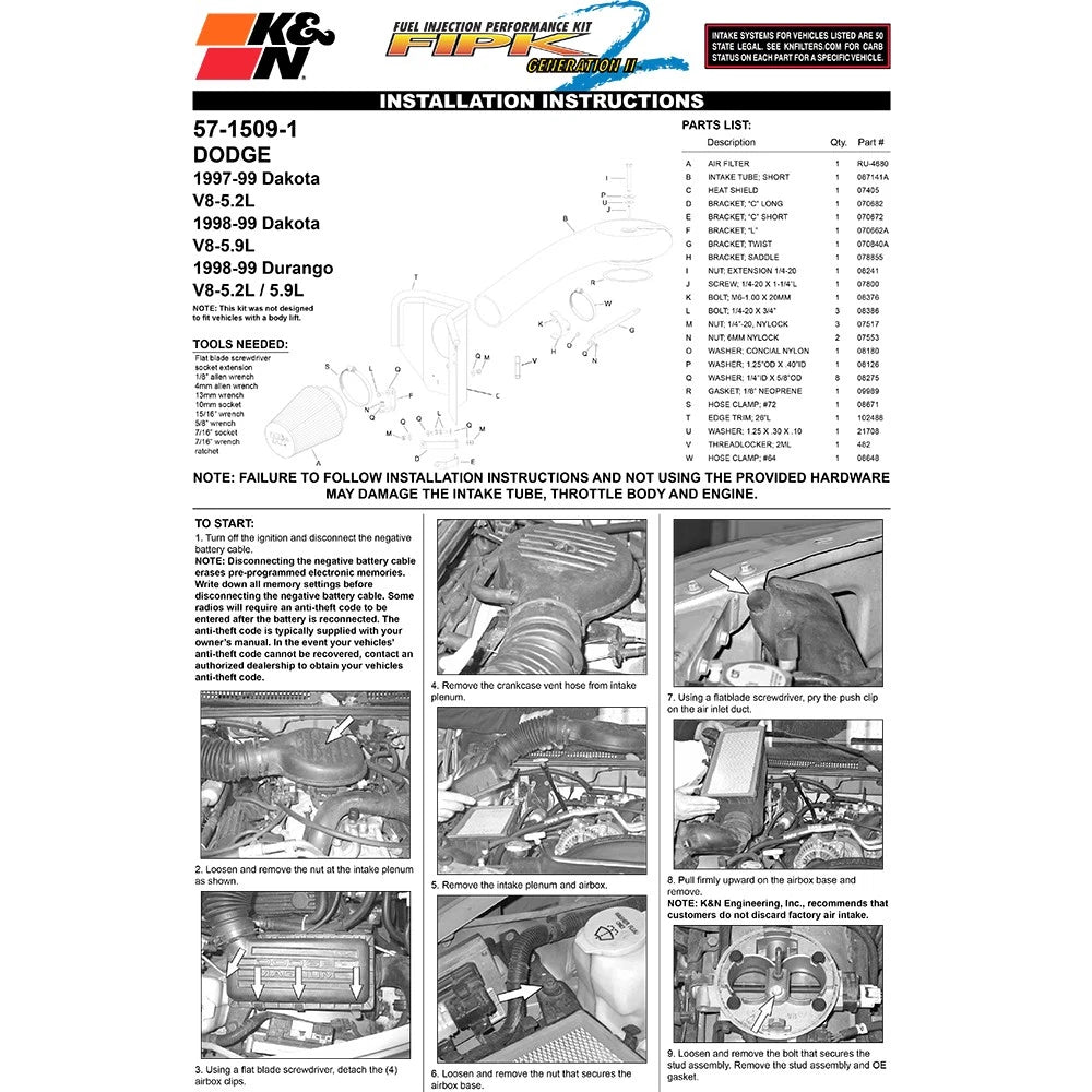 K&N 57-1509-1 Performance Cold Air Intake Kit for 1998-1999 Durango 5.2L 5.9L V8