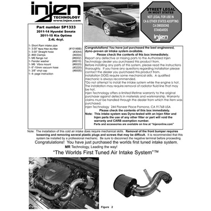 Injen Short Ram Air Intake | Kia Optima / Hyundai Sonata 2.4L (11-15) (SP1333P)