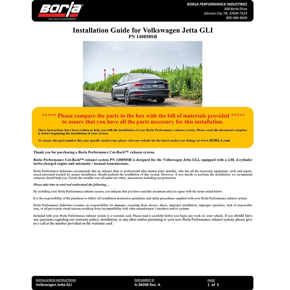 Borla Cat-Back Exhaust System | 2019-2021 Volkswagen Jetta GLI (140850SB)