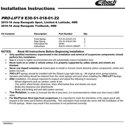 Eibach Pro-Truck Stage 1 Front and Rear Suspension Lift Kit for 2015-2022 Jeep Renegade