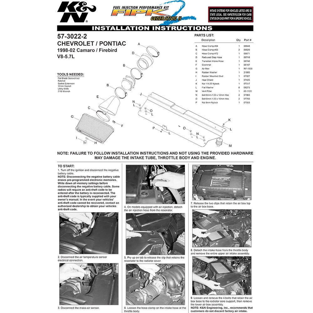 K&N Engineering Performance Intake Kit: Chevrolet Camaro 1998 - 2002 5.7L V8