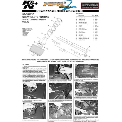 K&N Engineering Performance Intake Kit: Chevrolet Camaro 1998 - 2002 5.7L V8