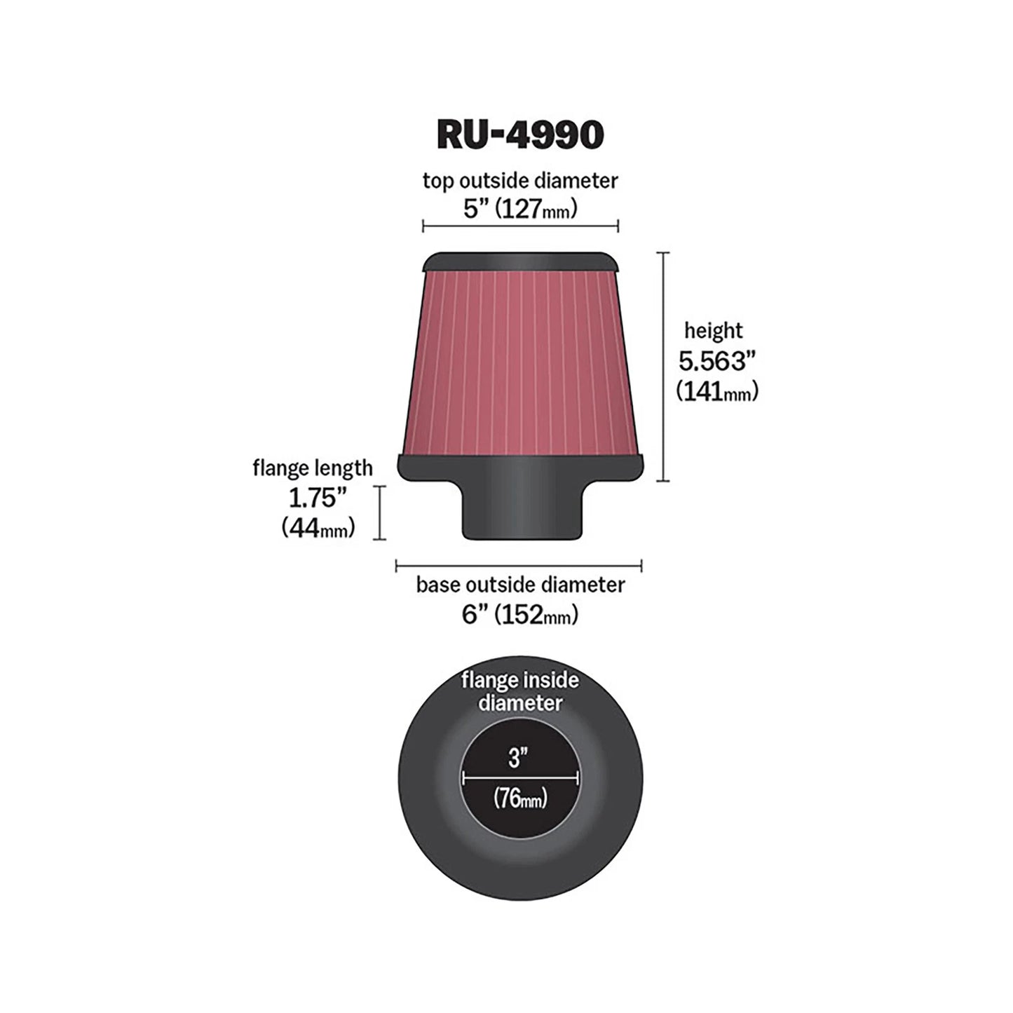 K&N RU-4990 Universal Round Tapered Performance Washable Air Filter for Intake
