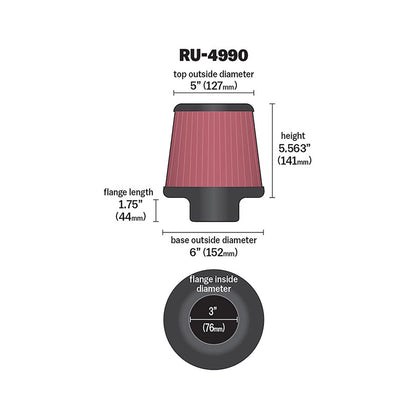 K&N RU-4990 Universal Round Tapered Performance Washable Air Filter for Intake