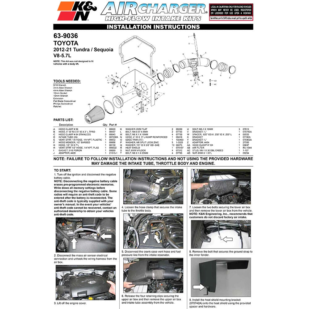 K&N 12 Toyota Tundra 5.7L V8 AirCharger Performance Intake | Toyota Tundra (05-23) (63-9036)