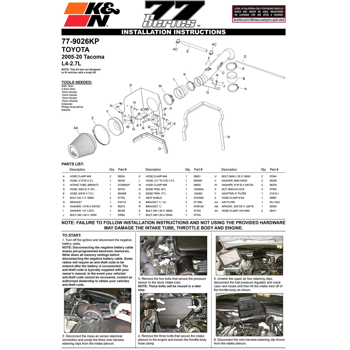K&N High Flow Performance Kit | Toyota Tacoma (05-09) (77-9026KP)