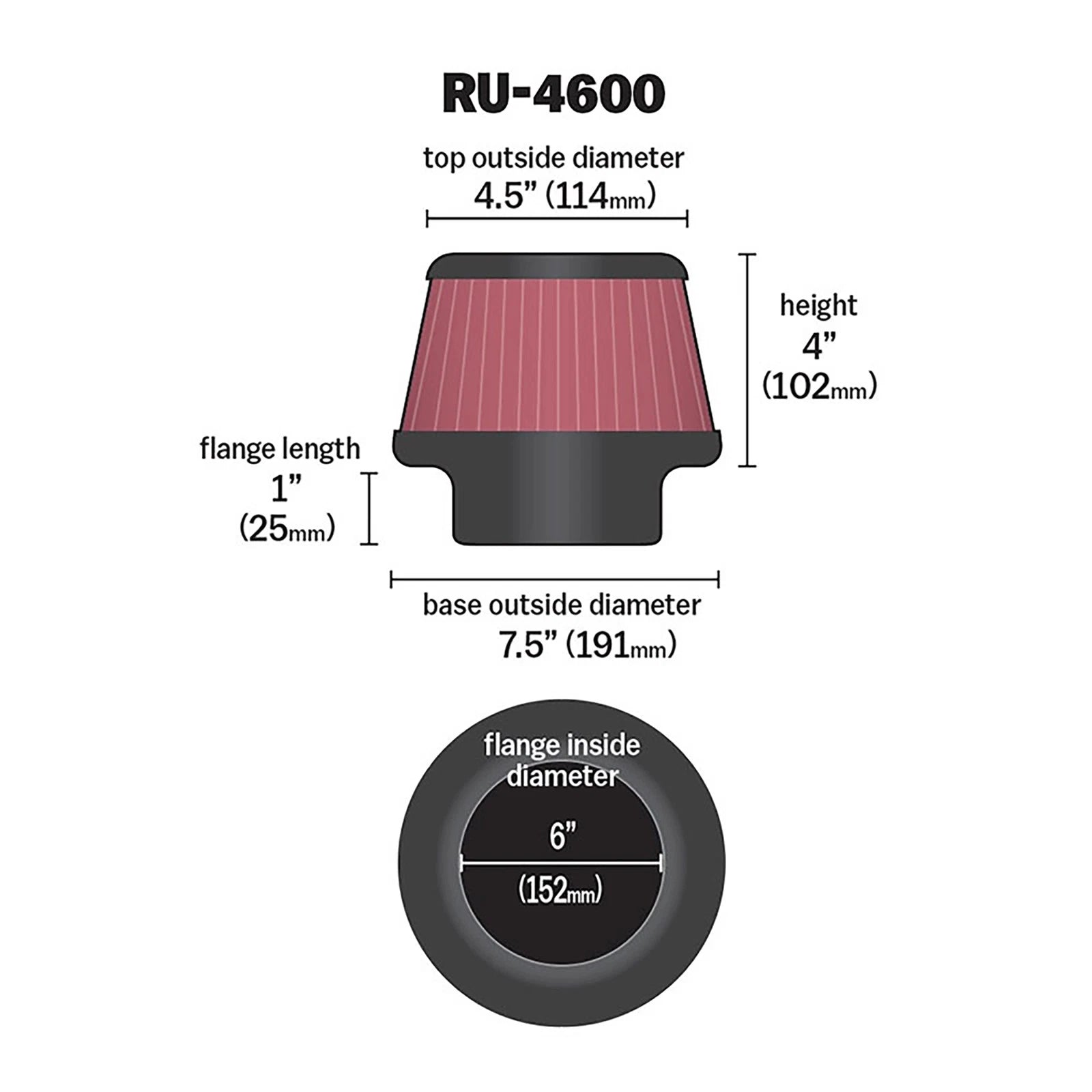 K&N RU-4600 Universal Round Tapered Performance Washable Air Filter for Intake