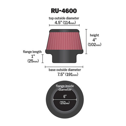 K&N RU-4600 Universal Round Tapered Performance Washable Air Filter for Intake