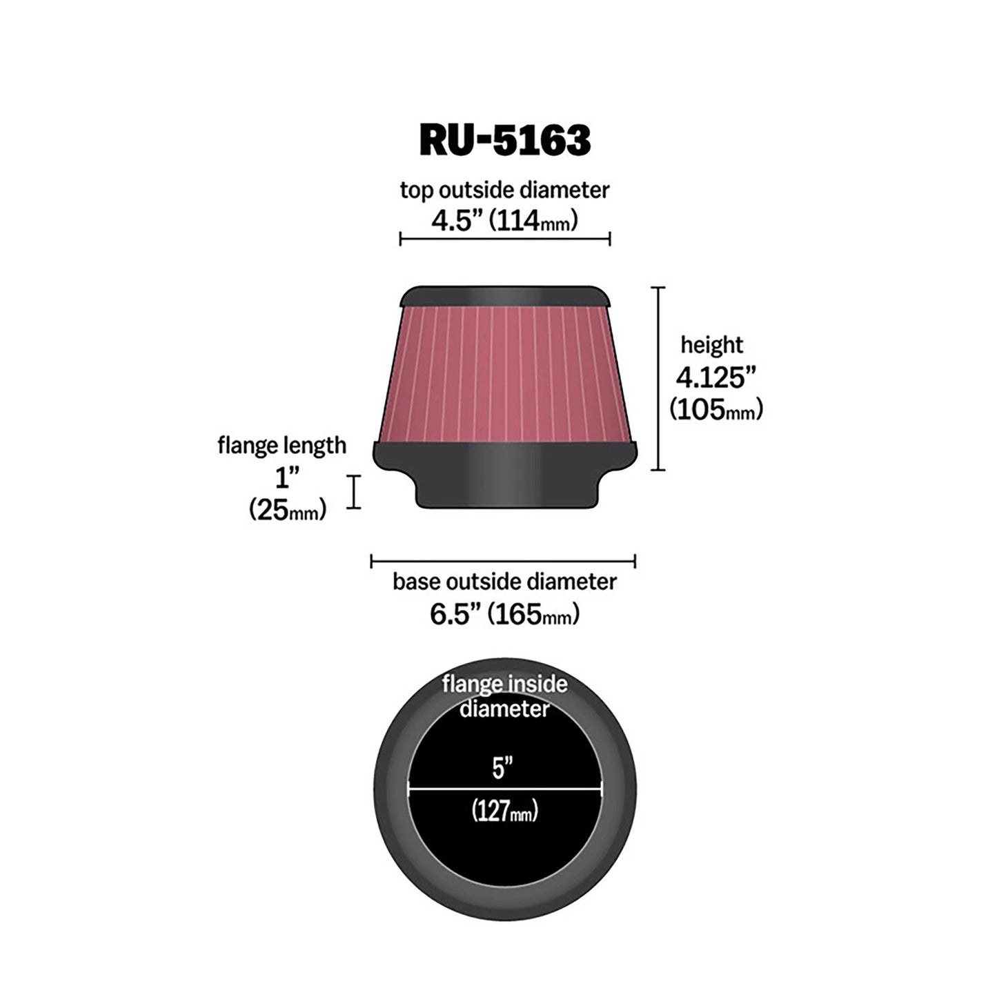 K&N RU-5163 Universal Round Tapered Performance Washable Air Filter for Intake