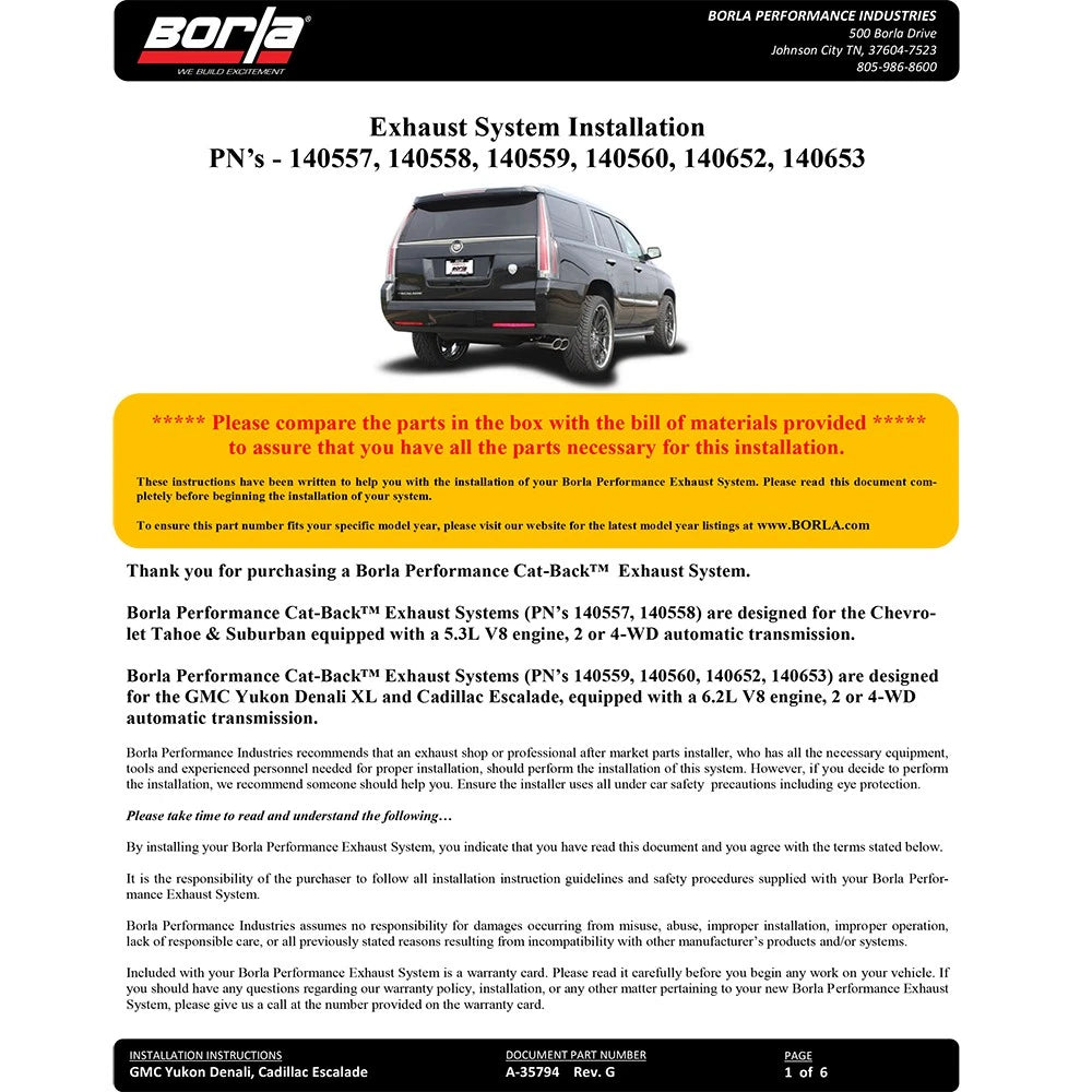 Borla 2.75in Dual Same Side Exit Cat Back | Chevy Tahoe 5.3L V8 (15-16) (140557)