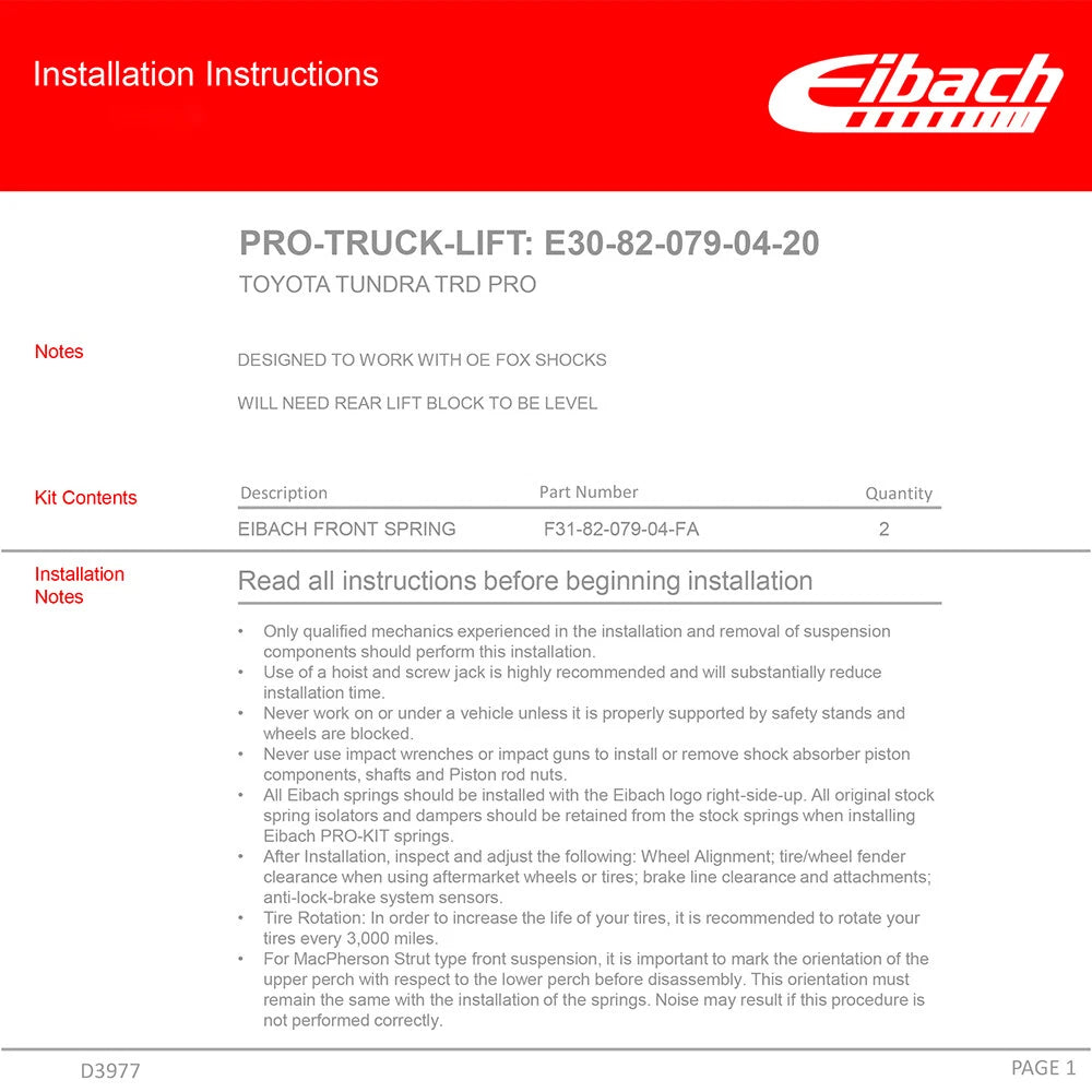 Eibach Pro-Lift Suspension Lift Kit for 2020-2021 Toyota Tundra