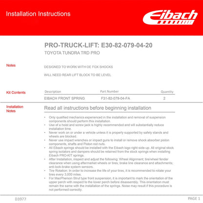 Eibach Pro-Lift Suspension Lift Kit for 2020-2021 Toyota Tundra