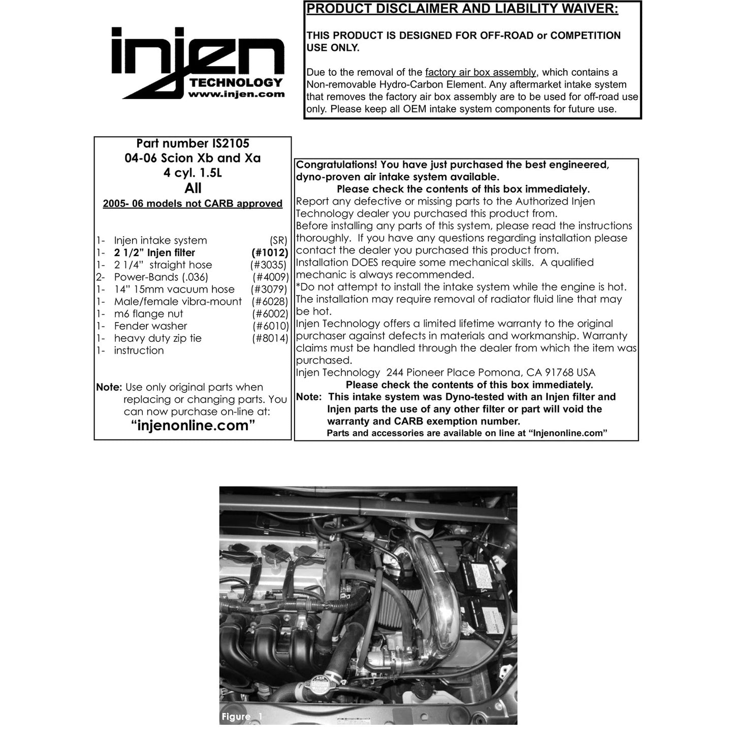 Injen Short Ram Cold Air Intake System | 2004 - 2006 Scion xB & 2004 - 2006 Scion xA (IS2105)