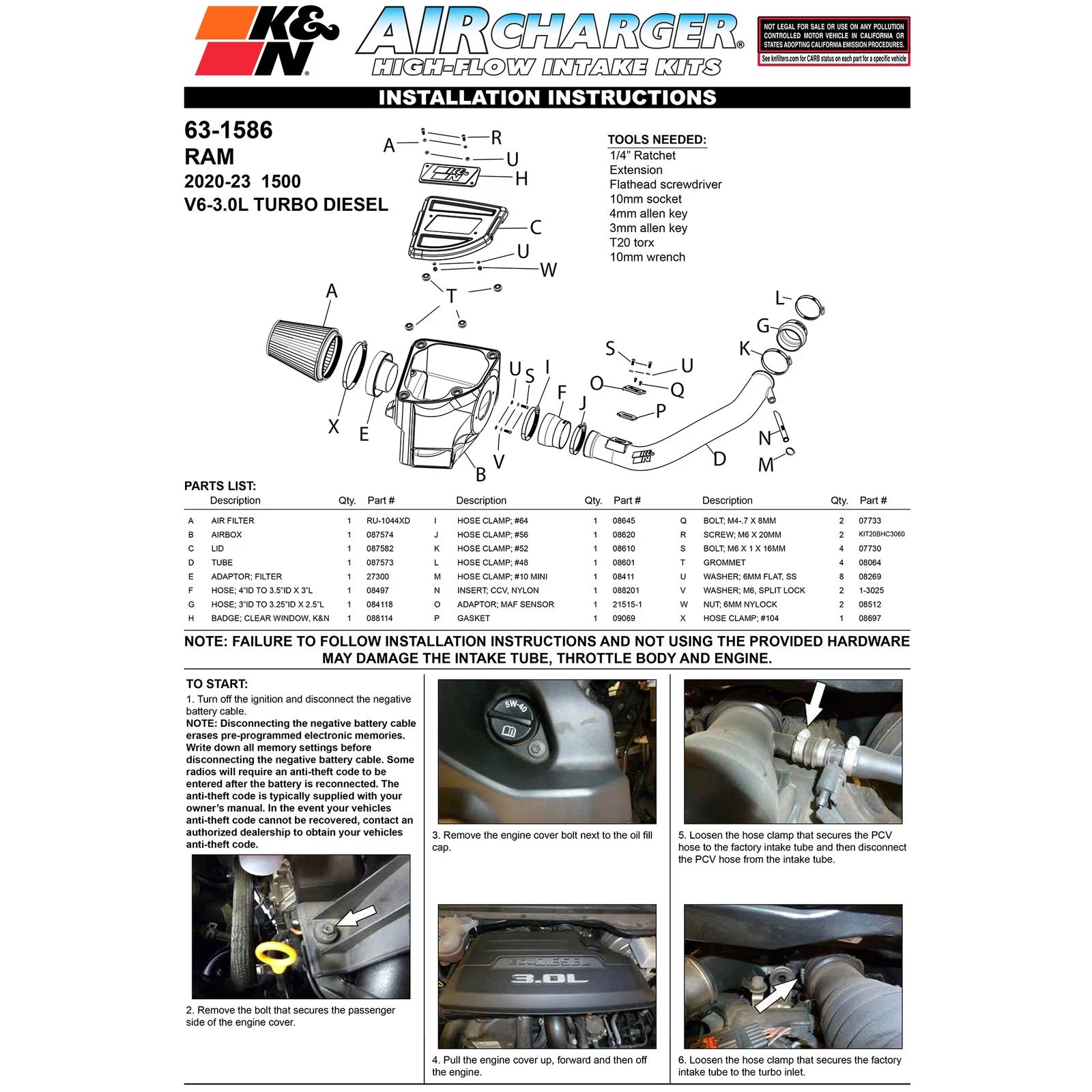 K&N 20-23 RAM 1500 V6 3.0L Diesel Performance Air Intake System | RAM 1500 V6 3.0L Diesel (63-1586)