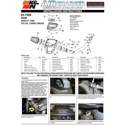 K&N 20-23 RAM 1500 V6 3.0L Diesel Performance Air Intake System | RAM 1500 V6 3.0L Diesel (63-1586)