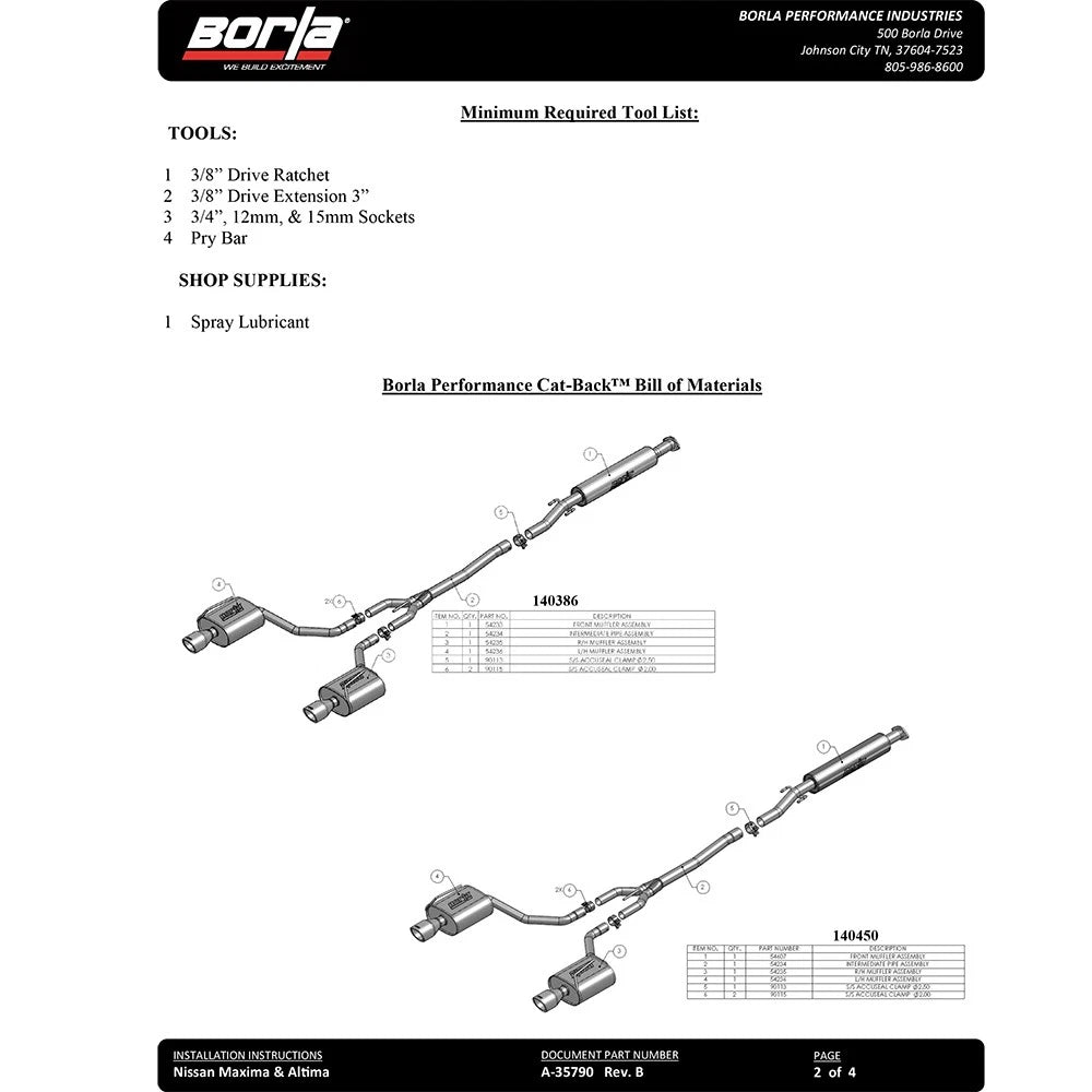 Borla Cat-Back Exhaust System - S-Type | 2009-2014 Nissan Maxima 3.5L (140386)