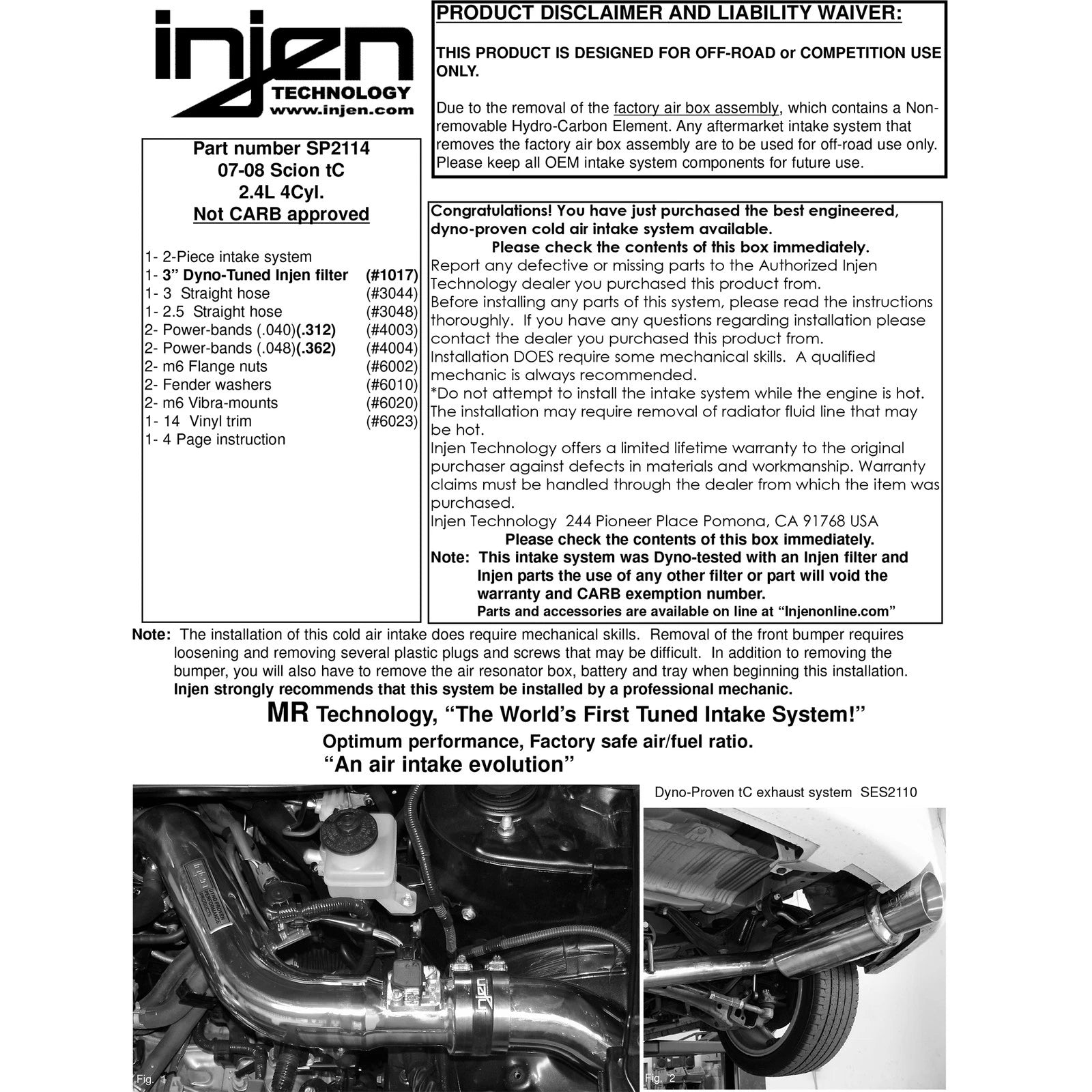 Injen Cold Air Intake | Scion tC (07-08) / Pontiac Vibe (02-08) / Toyota Corolla IX (04-06) (SP2114BLK)