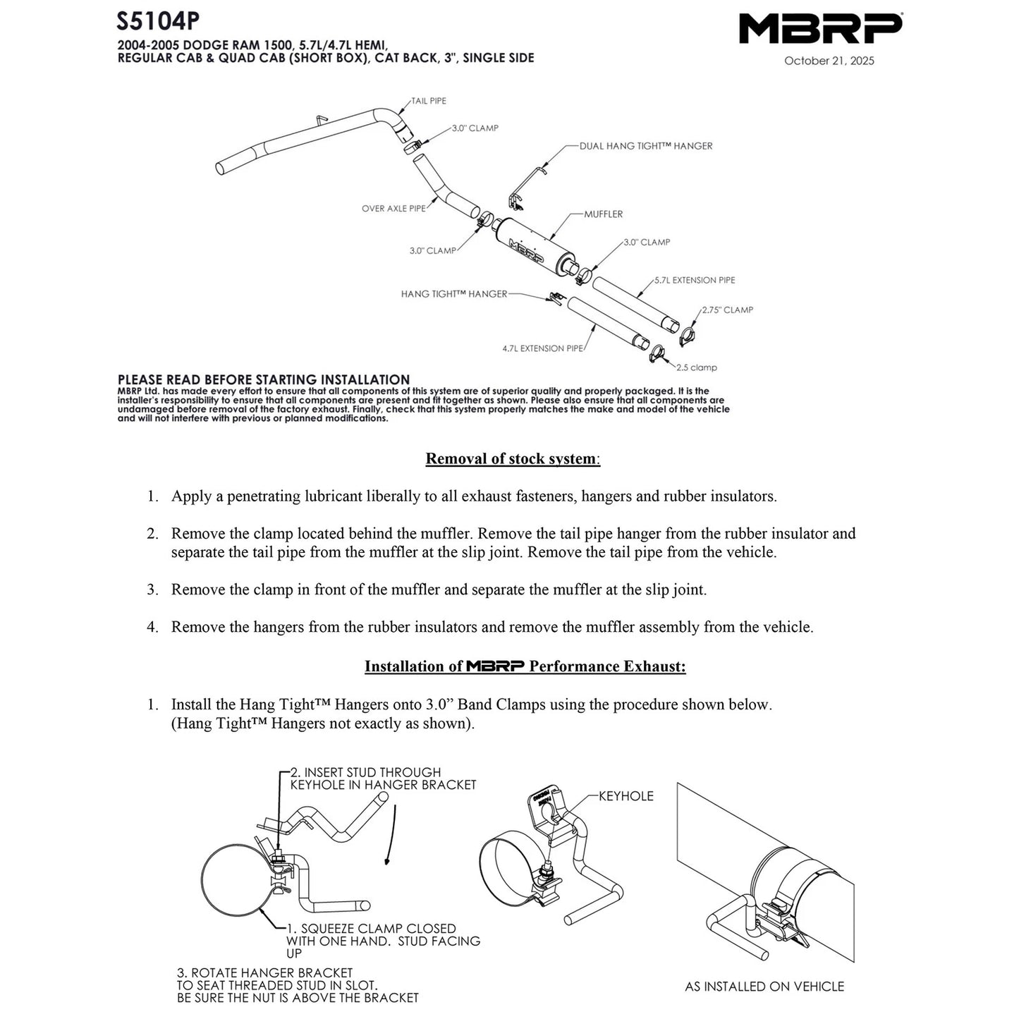 MBRP 3in AL P Series Cat-Back Single Side Exhaust | Dodge Ram 1500 Hemi 5.7L (04-05) (S5104P)